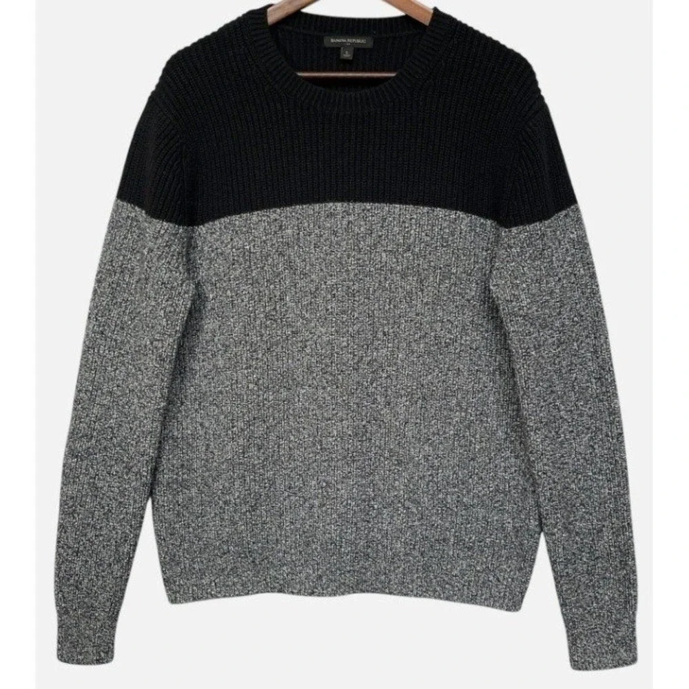 Banana Republic Sweater Mens Large Black Grey Colorblock Wool Blend Excellent